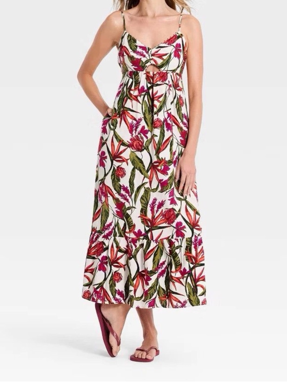 Tropical Floral Maxi Dress with Tie-Front Detail - Pink & Green
